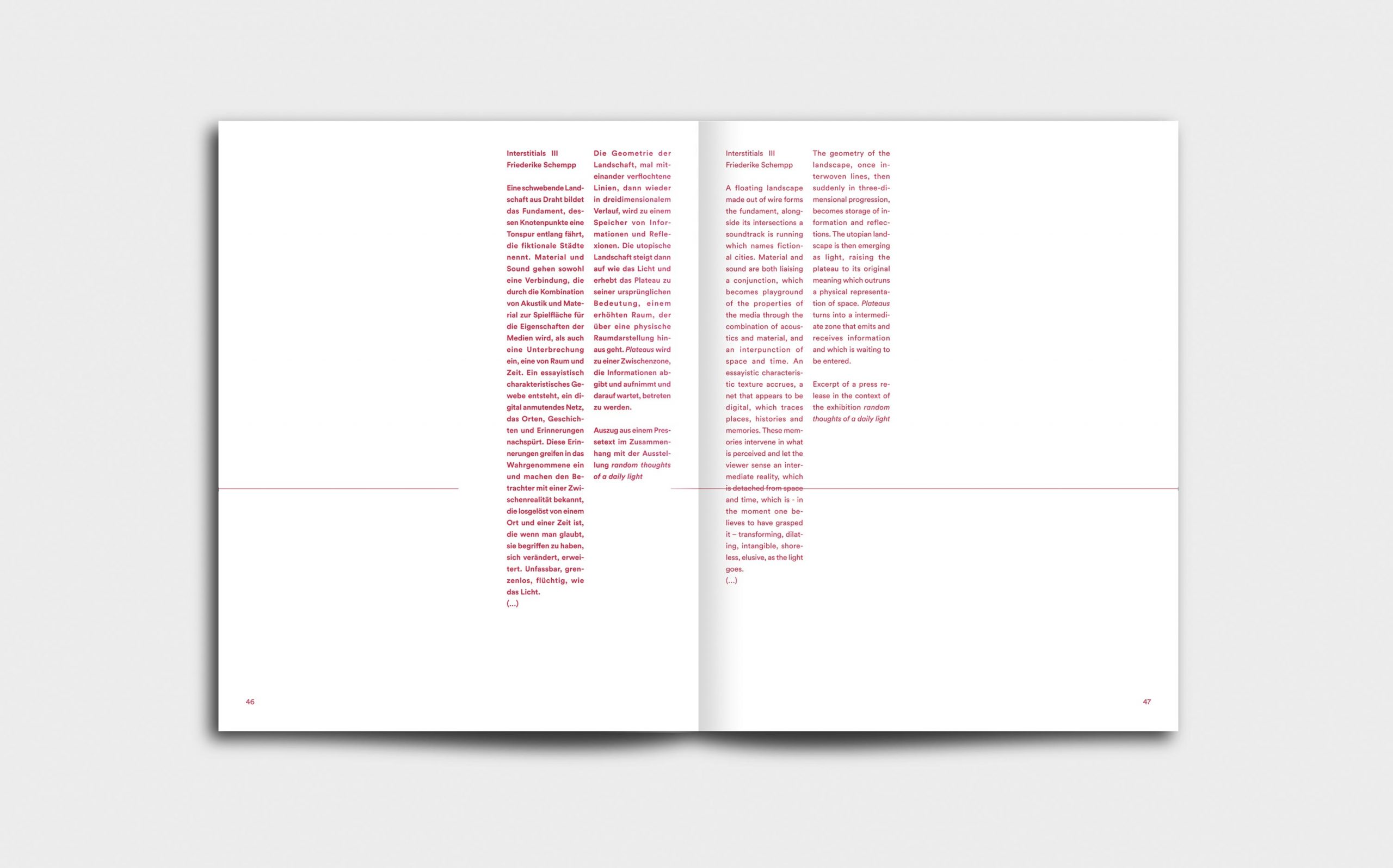 Juliana Herrero – REM 1:1 | Doppelseite mit Interstitials in roter Marginaltypografie | Keywords: Editorial Design, Artist Book, Künstlerbuch, Buchgestaltung, Grafikdesign, Design, Typografie
