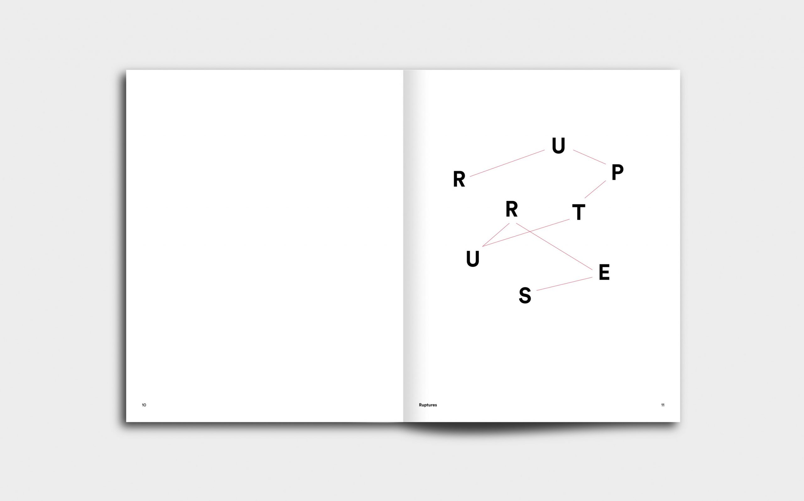 Juliana Herrero – REM 1:1 | Kapitel Opener mit grafischer Inszenierung des Titels »Ruptures« | Keywords: Editorial Design, Artist Book, Künstlerbuch, Buchgestaltung, Grafikdesign, Design, Typografie